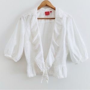 Oscar de la Renta - White Eyelet Blouse with Ruffles - Deep V - 14